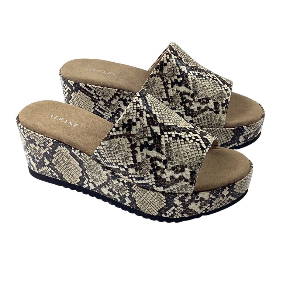 Alfani Jazziee Women Tan Snakeskin Platform Slide Sandals Wedge Heel Size 8M NEW
